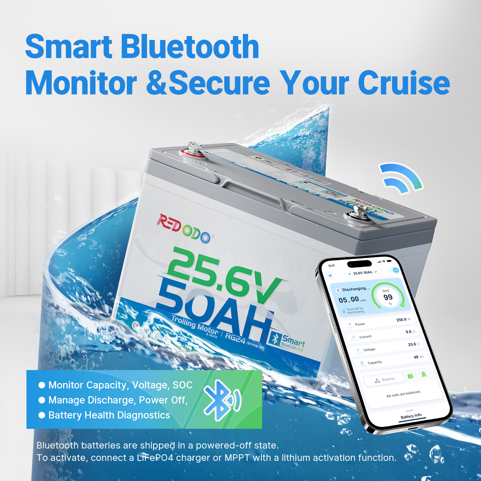 Redodo 24V 50Ah Bluetooth Lithium Battery 50A BMS for Trolling Motor RV -Good