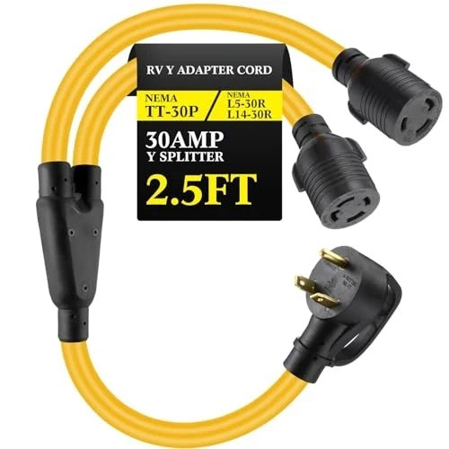 2.5 ft 30 Amp Generator Y Splitter Adapter Cord TT-30P to L5-30R & L14-30R