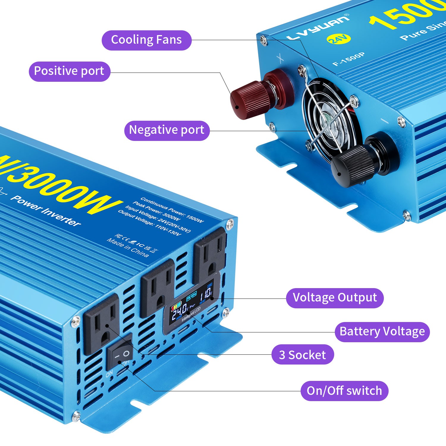 1500W Pure Sine Wave Inverter 24V to 110V 3000Wpeak LCD 3AC Converter Camping