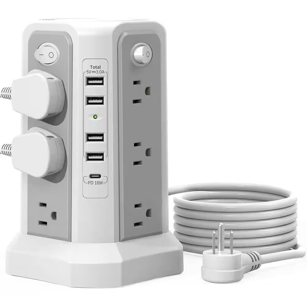 10 Ft. Extension Cord 12-Outlet Power Strip Surge Protector Tower in Gray with F