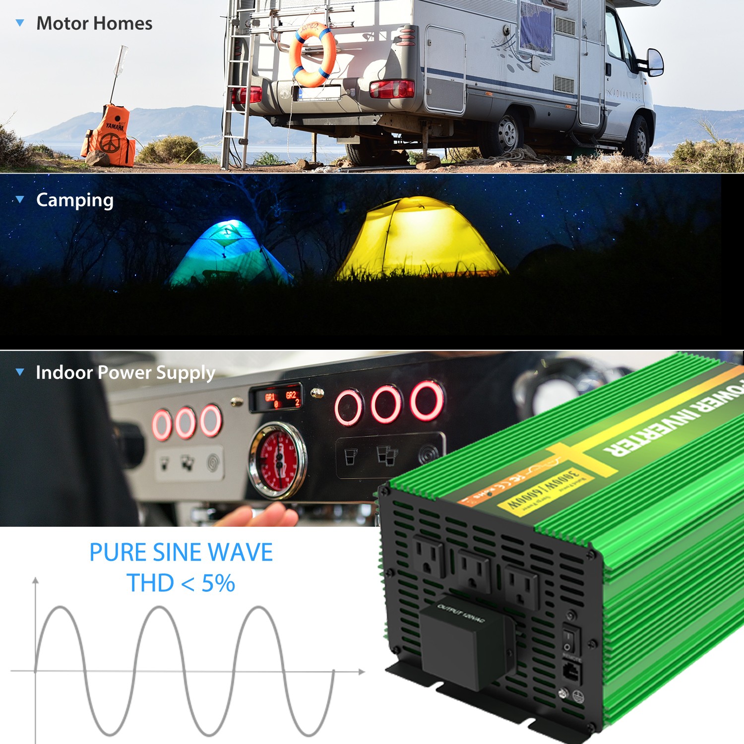 EDECOA 3000W Pure Sine Wave Power Inverter 12V 110V 120V Home Garden RV Solar