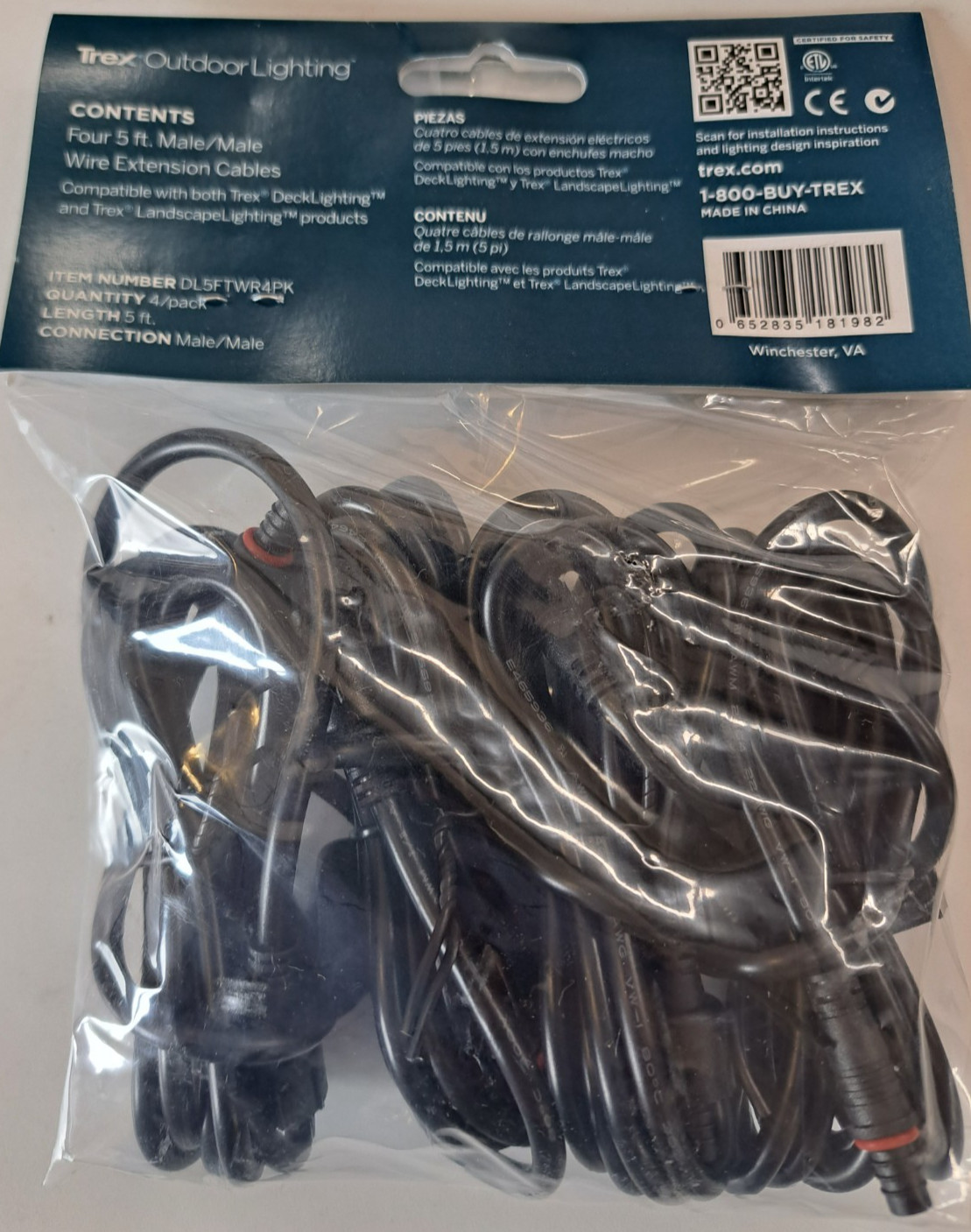 TREX DL5FTWR4PK OUTDOOR LIGHTING 4 PACK 5FT EXTENSION CABLES MALE/MALE BLACK