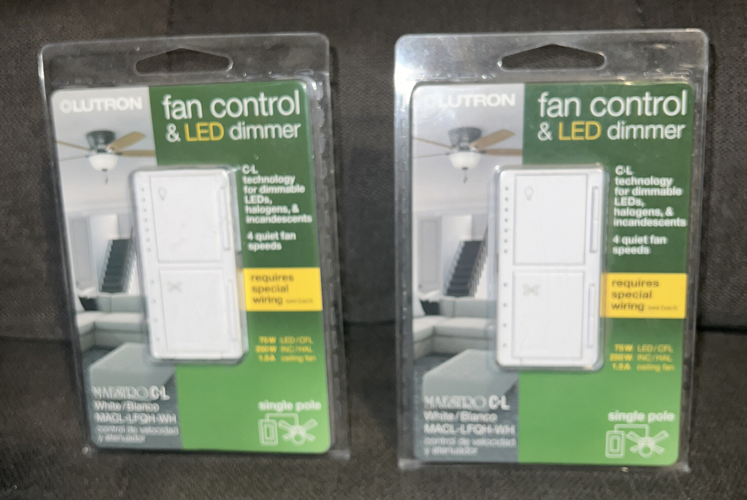 Lutron Maestro Lot Of 2 1.5Amp 4-Speed Wired Fan Control and💡Light Dimmer-White