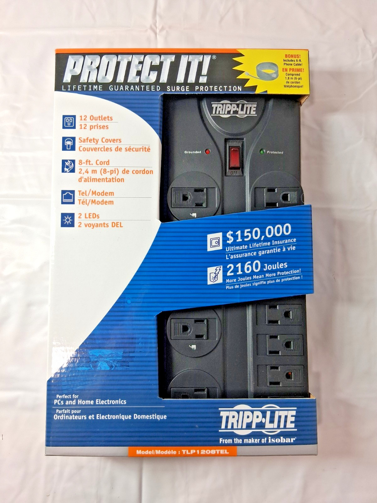 Tripp-Lite Power Outlet Strip 12 Outlets 120 VAC15 Amps 8ft Cord TLP1208TEL
