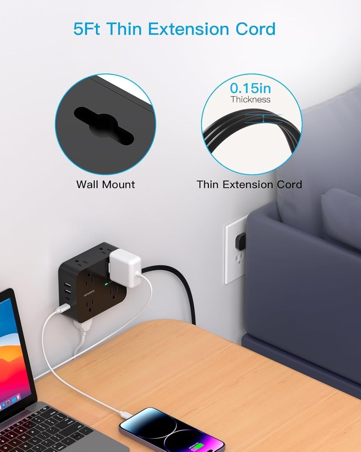 Compact 8-Outlet Power Strip & Dynamic USB Charger with 1080J Protection, Black