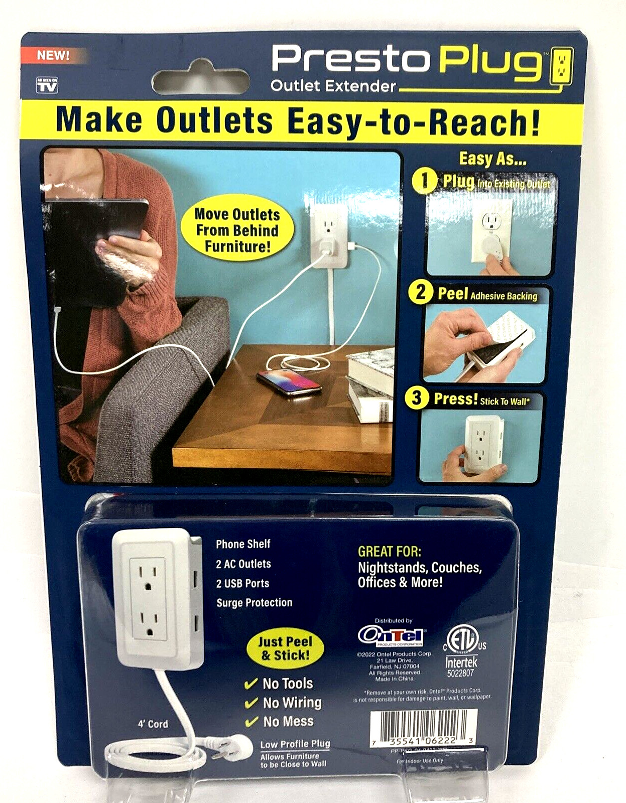 Presto Plug Wall Outlet Extender 4 ft Cord Peel & Stick As Seen On TV 2 AC 2 USB