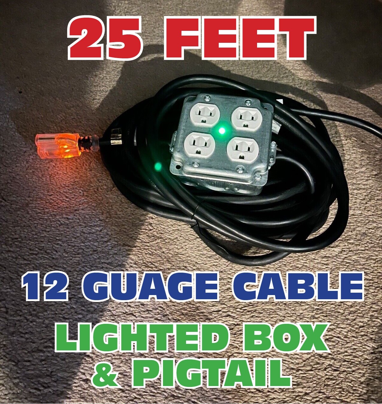 LIGHTED 12/3 EXTENSION CORD 25′ w/METAL OUTLET DROP BOX STAGE POWER DISTRO STRIP