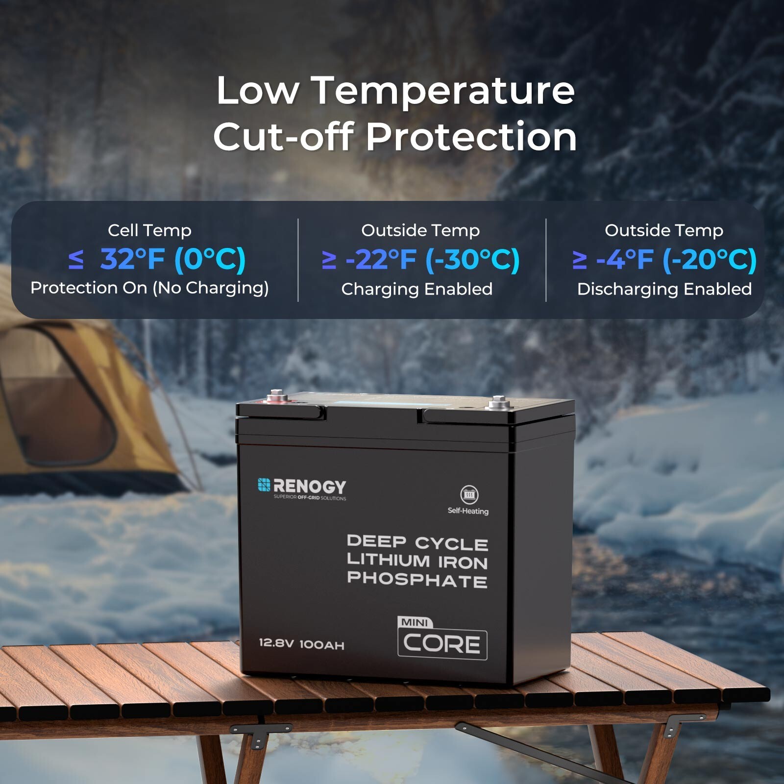 Renogy DuoHeat Tech-Core Mini 12V 100Ah Lithium Iron Phosphate Battery