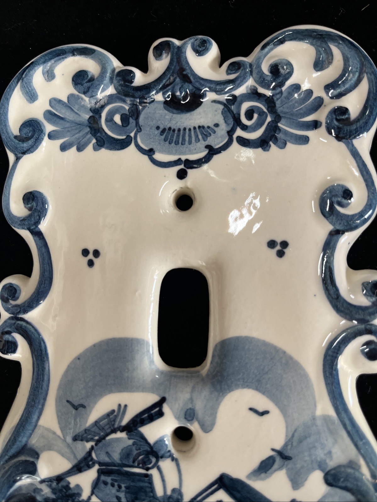 Handpainted Delft Blue Light Switch Plate Cover 6 x 4.25 Scalloped Edge Windmill