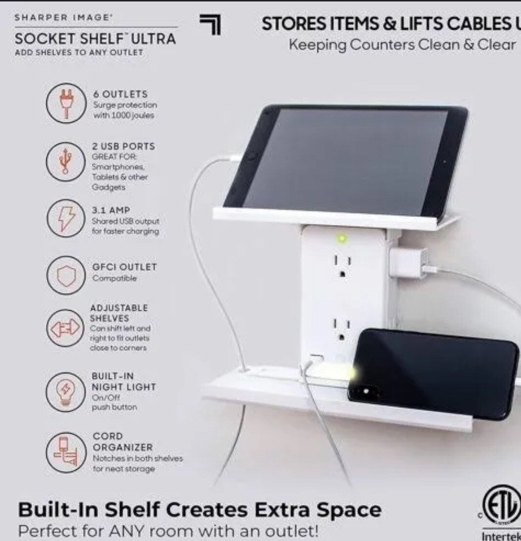 NEW Sharper Image Socket Shelf Ultra 8 Port Surge Protector, Light, 2 Shelves
