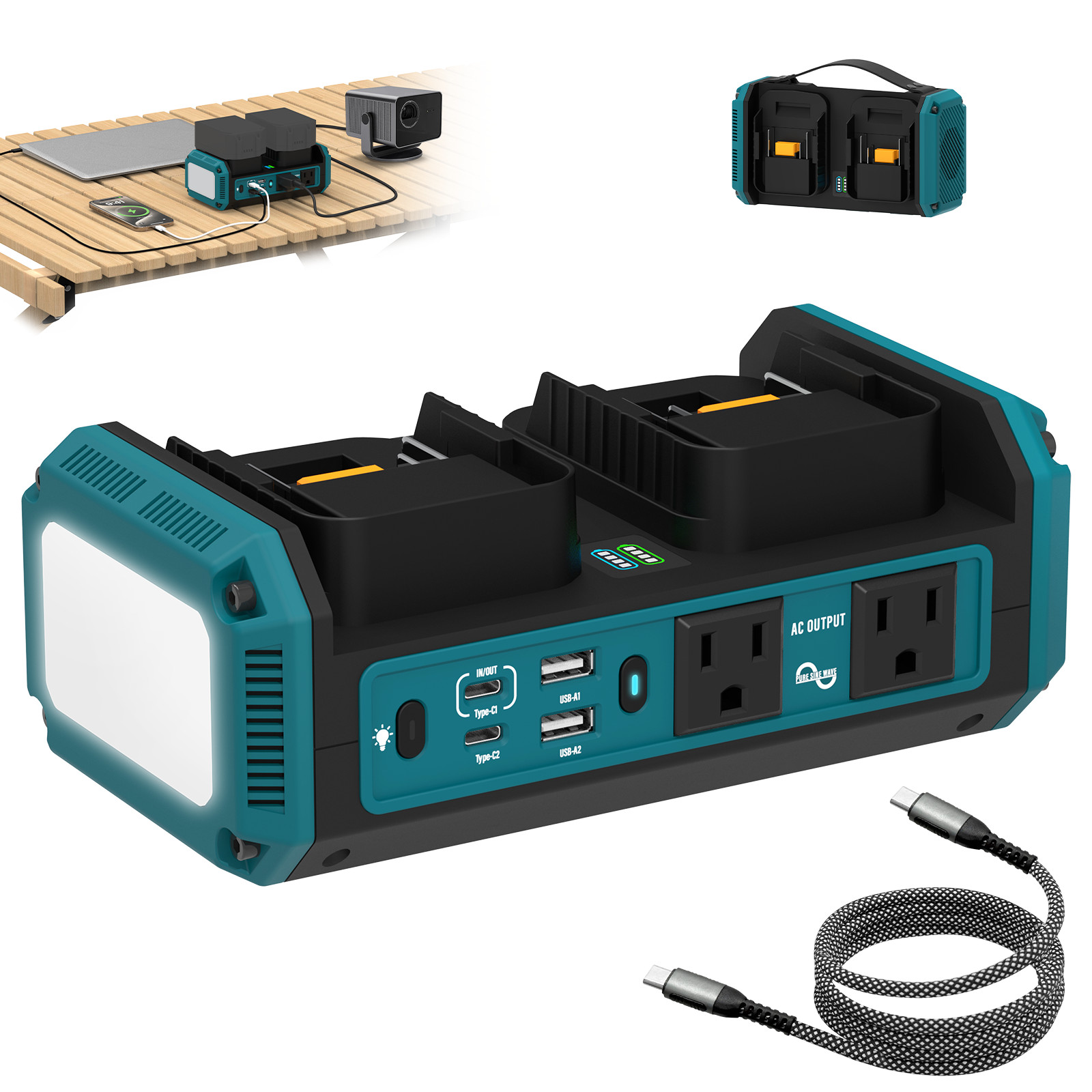 350W Portable Pure Sine Wave Inverter Compatible with Makita 18V Battery