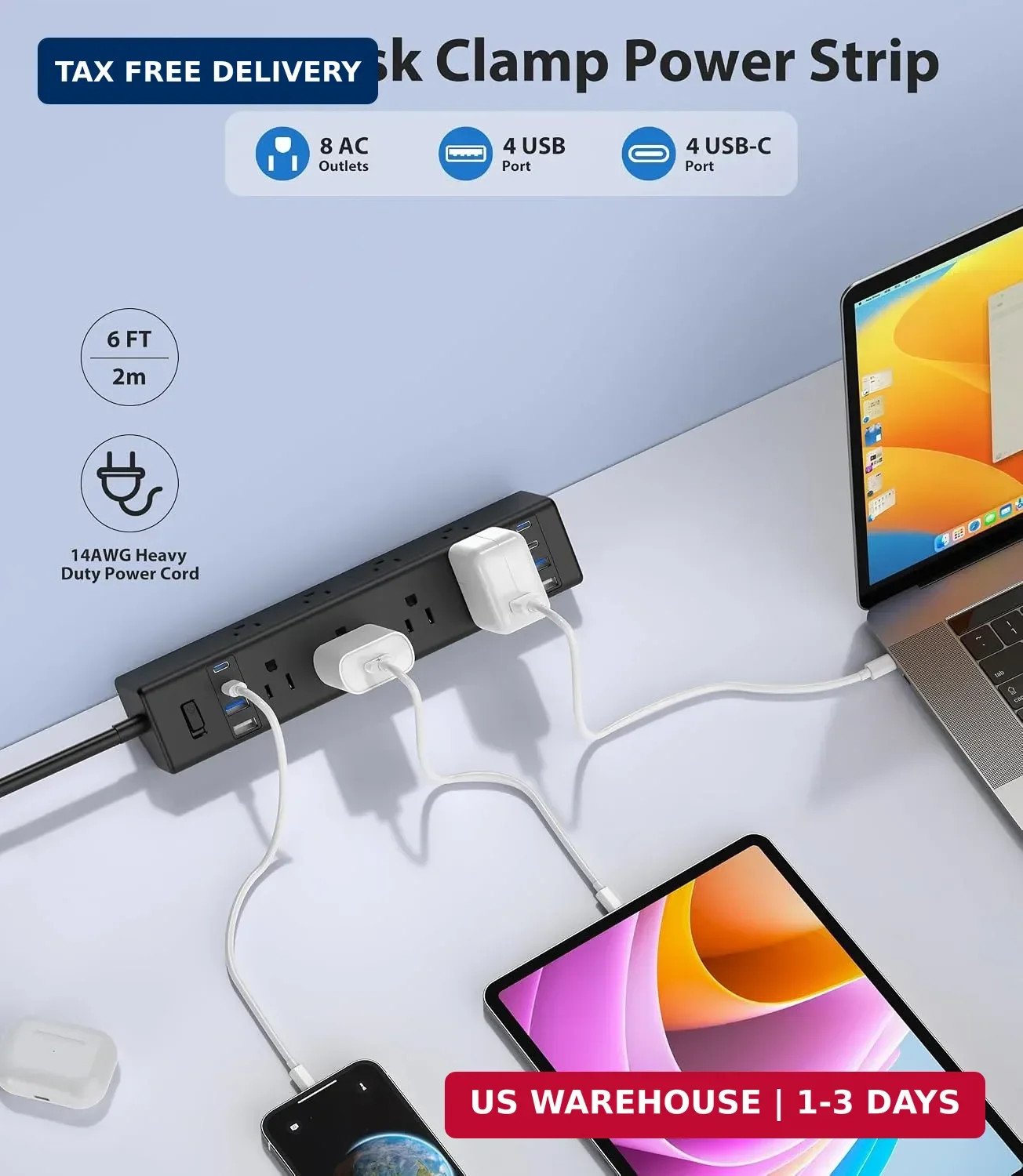 Desk Clamp Power Strip 40W USB C,8 Outlets,8 USB,6FT,Black | 40W Fast