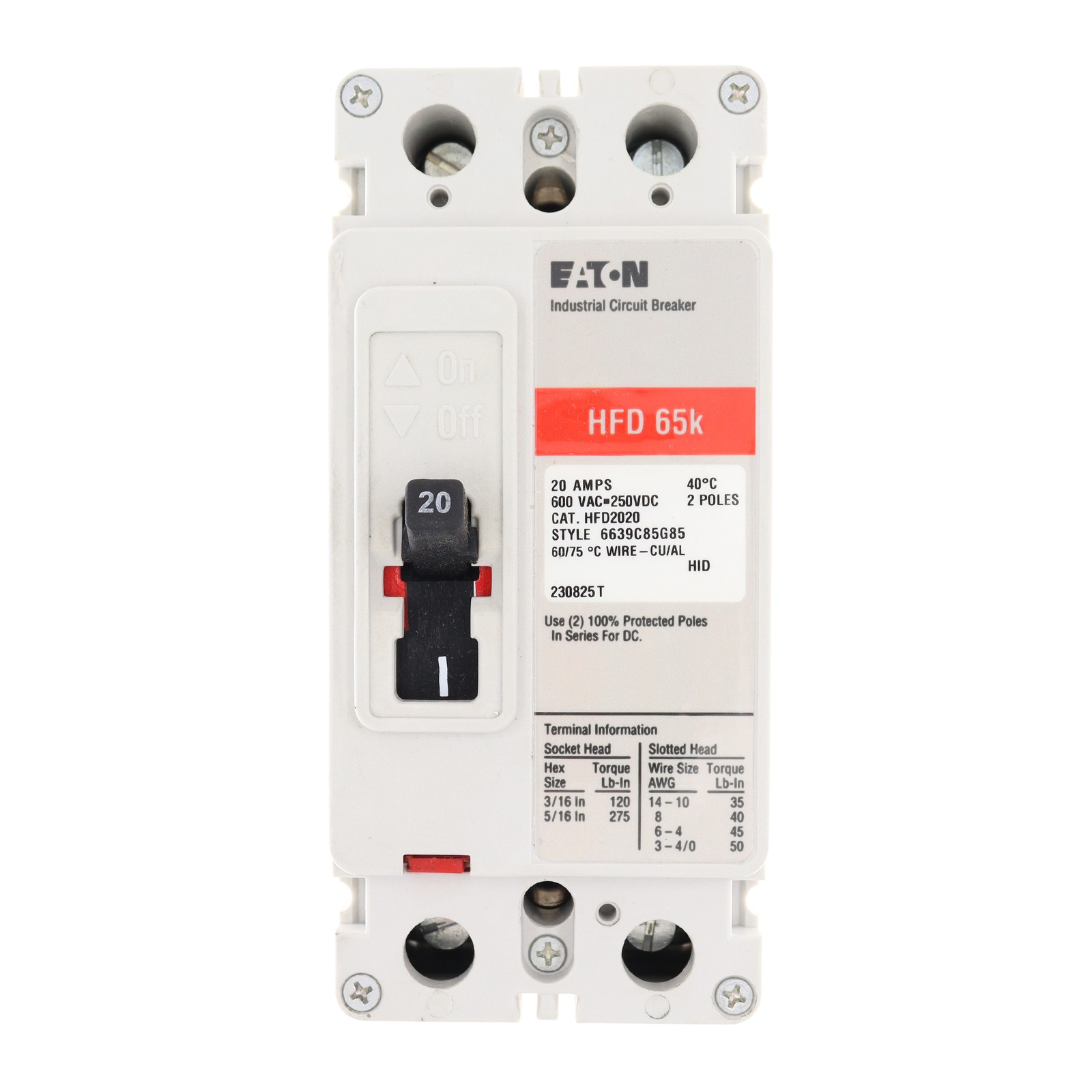 EATON HFD2020 CIRCUIT BREAKER, HFD, 600VAC 250VDC, 2-POLE, 20-AMP
