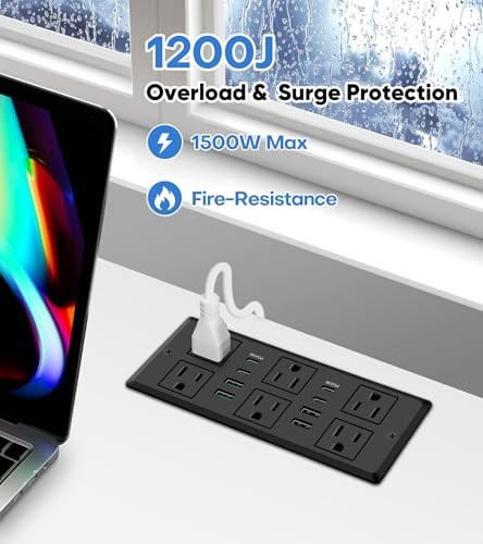 45W Recessed Power Strip, Flush Mounted Surge Protector(1200J) with 6 6FT Black