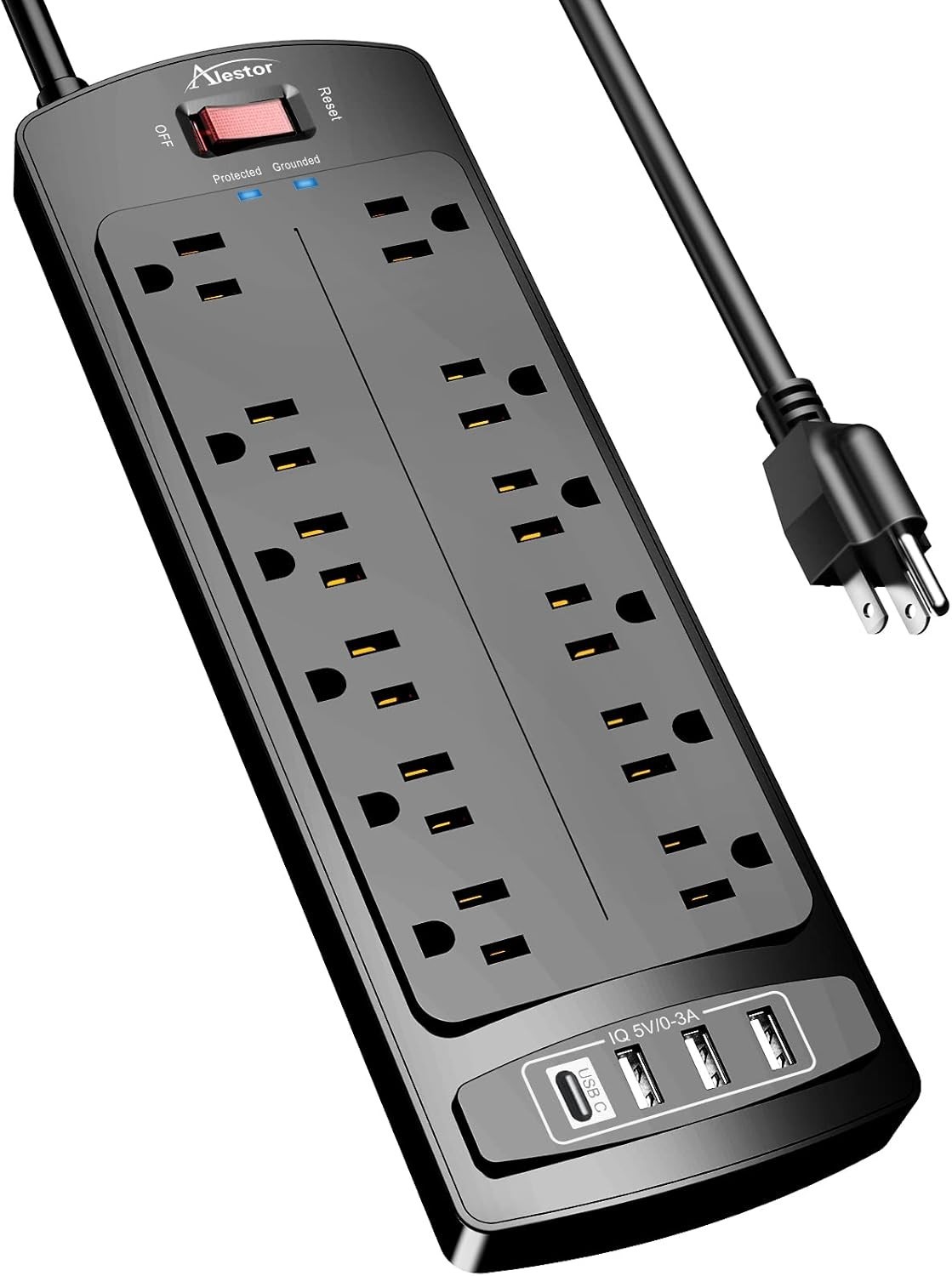Smart Charging 12-Outlet Power Strip & 4 USB Ports – 6 ft, Black, Listed