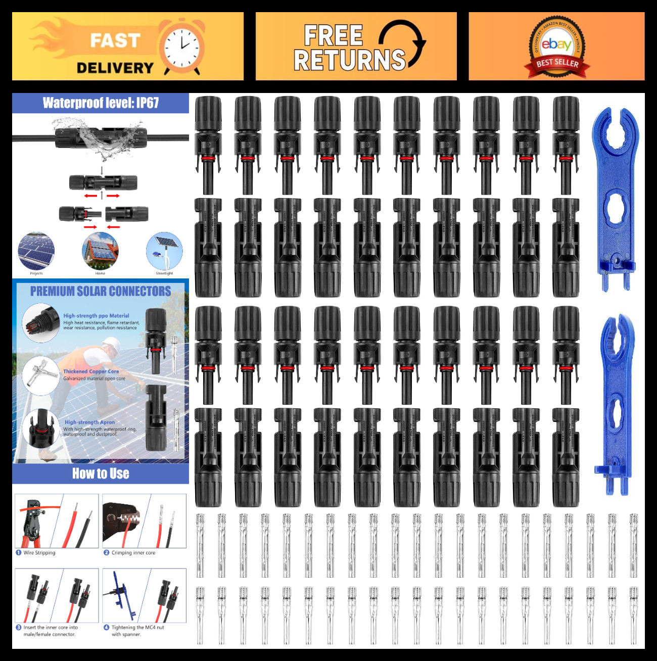 40PCS Solar Panel Connectors, Waterproof Male/Female 1000V 30A, 2 Pack Wrench