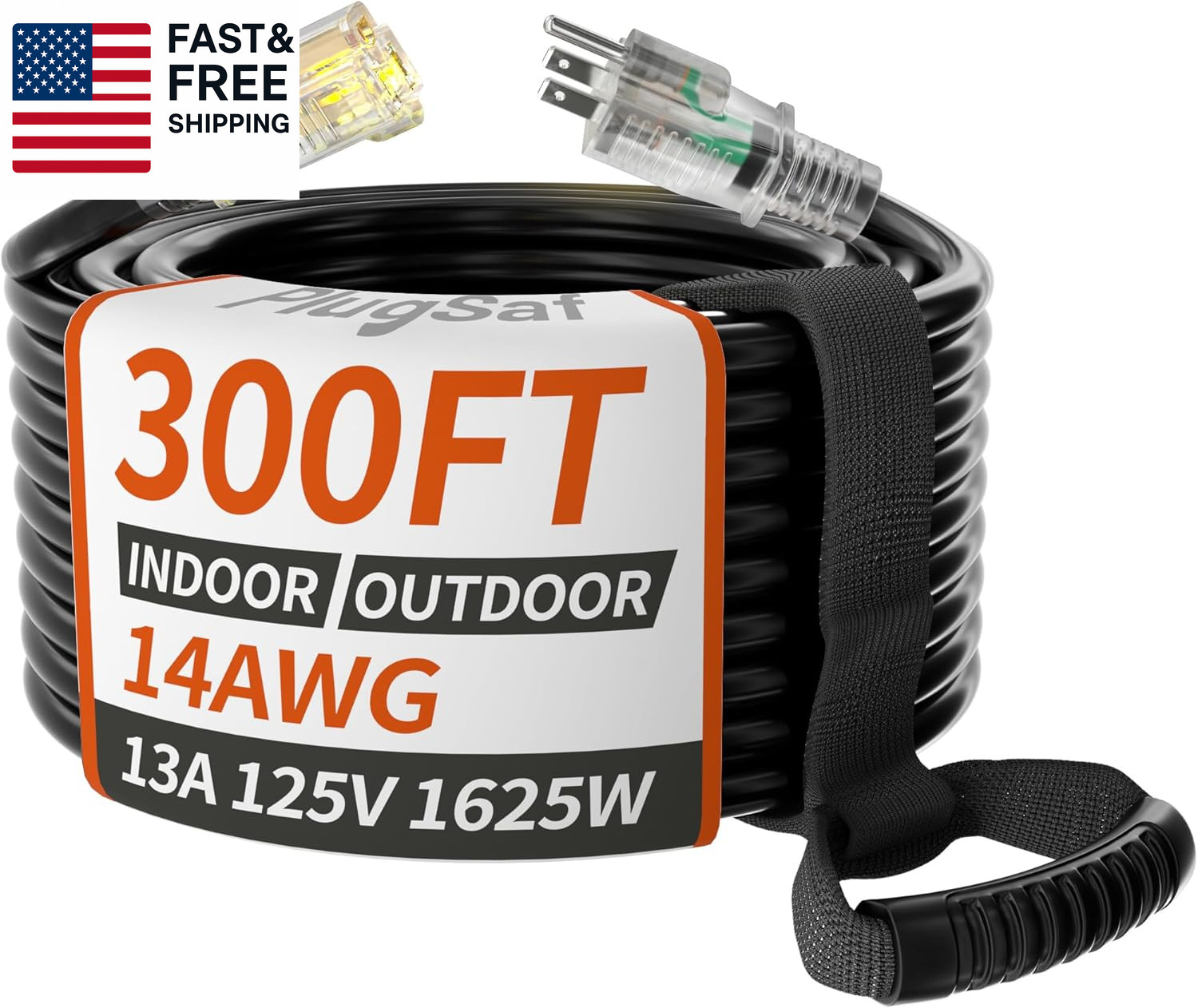 14/3 Gauge Black Outdoor Extension Cord 300 Ft Waterproof with Lighted Indicator