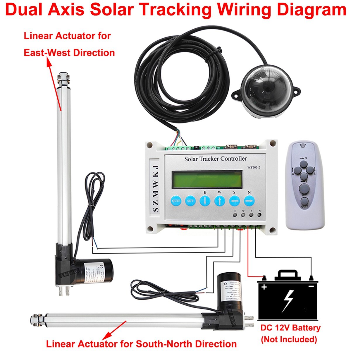 12V 6000N LCD Solar Tracker Dual Axis Kits W/ 12″ Linear Actuators W/ Controller