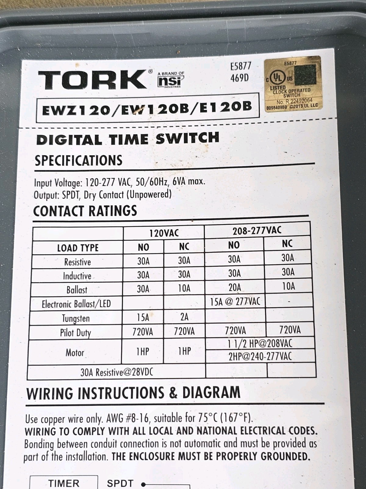 Tork EWZ120 Digital Time Switch Voltage Rating 120–277 VAC 50/60Hz READ