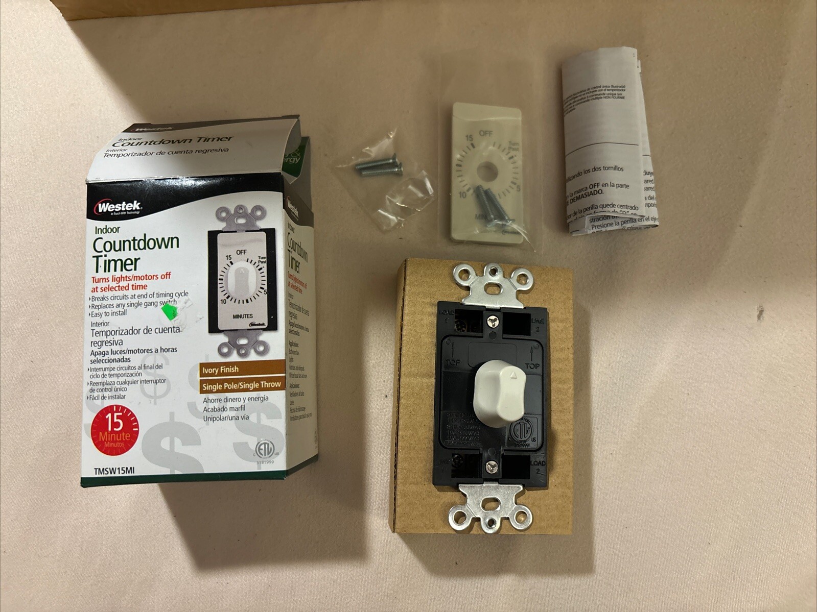 New Westek Indoor 15 Minute Countdown Timer Single Pole Model TMSW15MI In Ivory