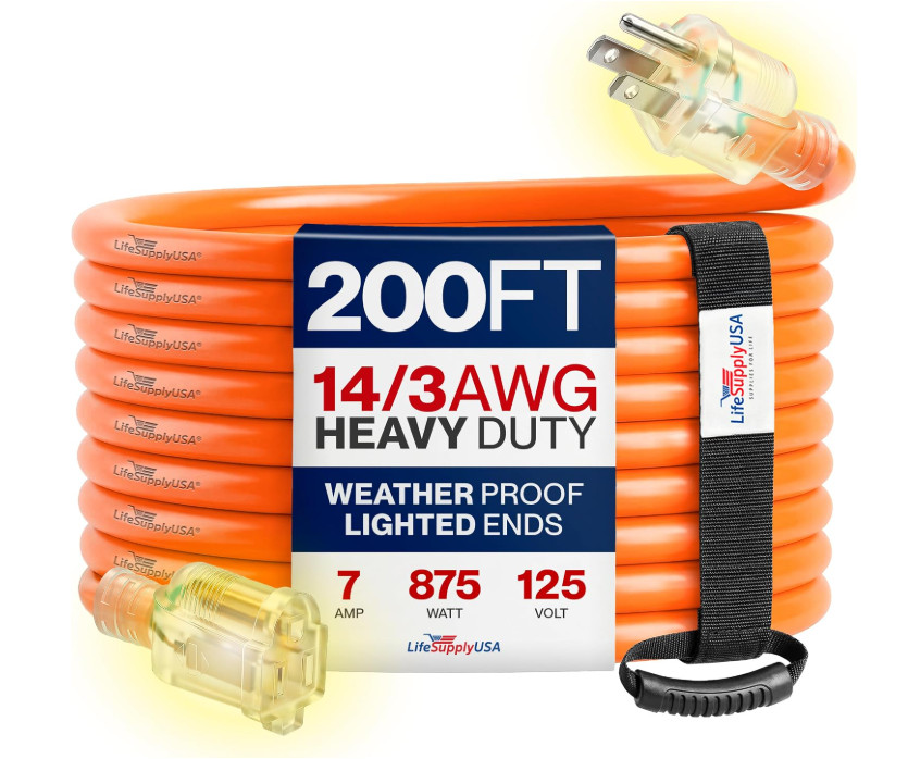 200ft Outdoor/Indoor Extension Cord 14/3 Gauge Heavy Duty 3 Prong SJTW