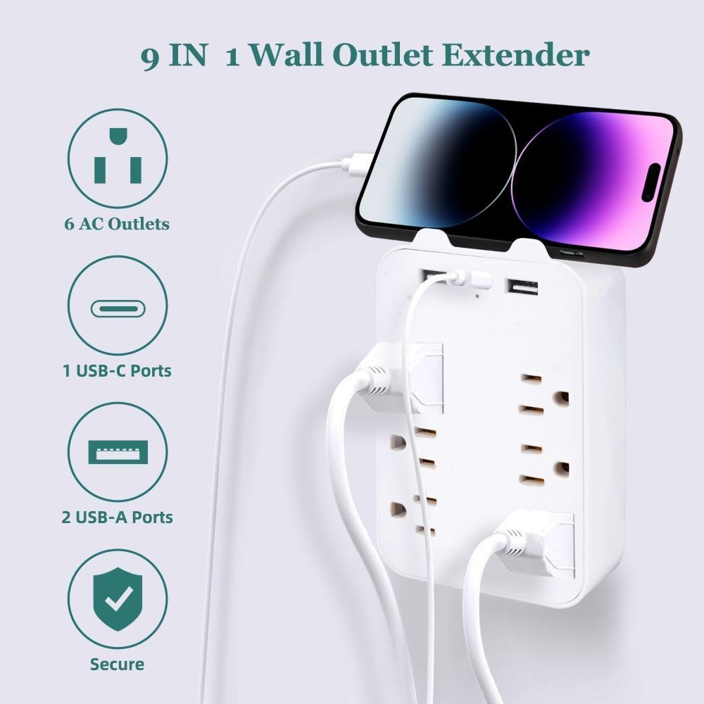 1Pack Multi Plug Outlet Extender with 6 Outlets 3 USB Wall Charger (1 USB C) NEW