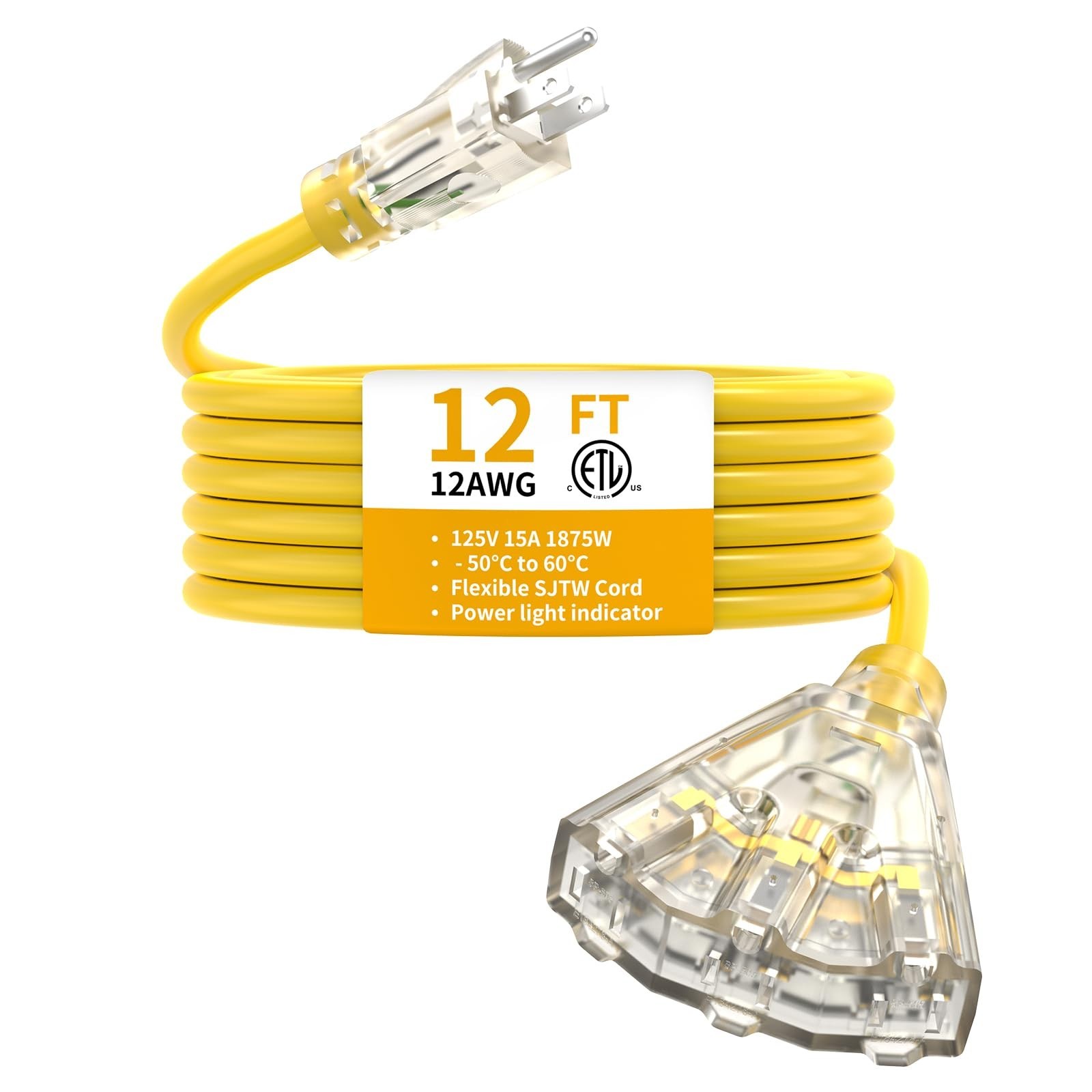 12FT Heavy Duty Outdoor Extension Cord, 3 Outlet Splitter, Waterproof, 15A 1875W