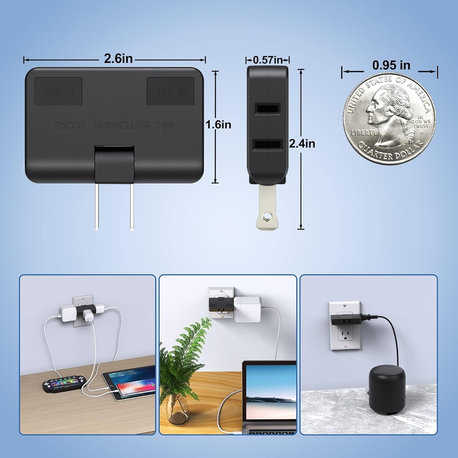 ETwinCoo 3-Way Flat Wall Outlet Extender & Splitter, 2-Prong Swivel Mini Plug…
