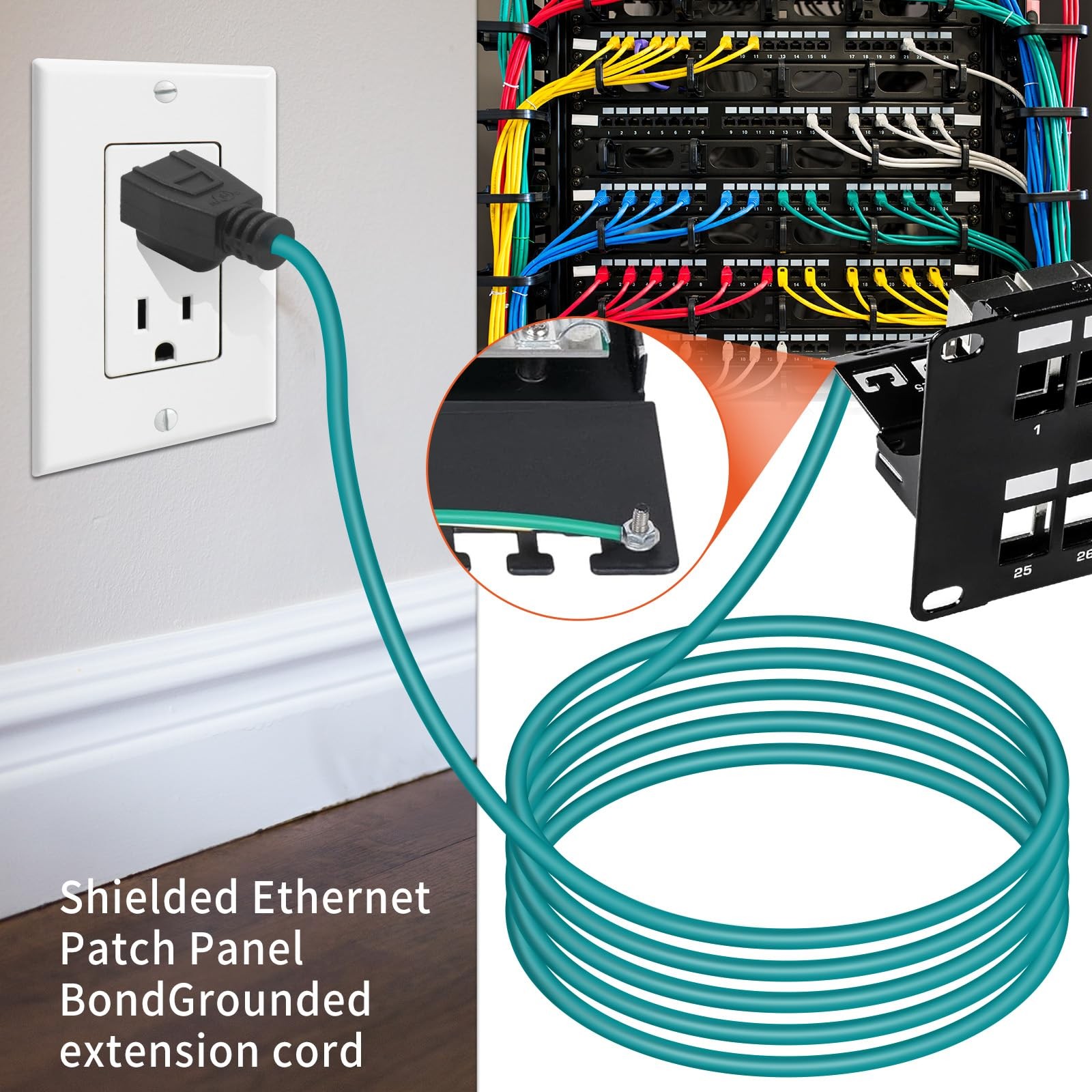 Shielded Ethernet Patch Panel Bond Ground Extension Cord –14AWG (Y-Terminal 6…
