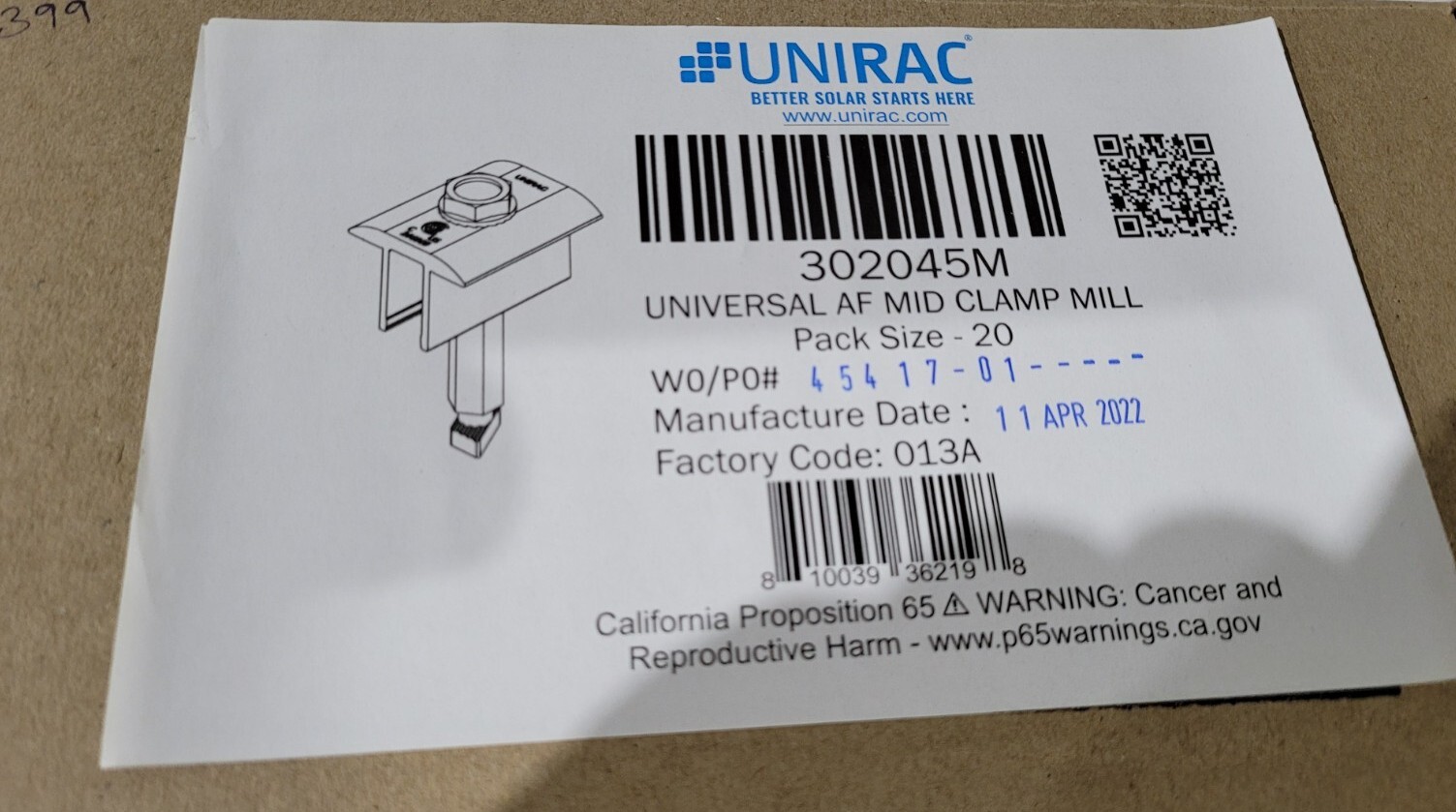 Unirac Universal AF Mid Clamp Mill 302045M QTY 20