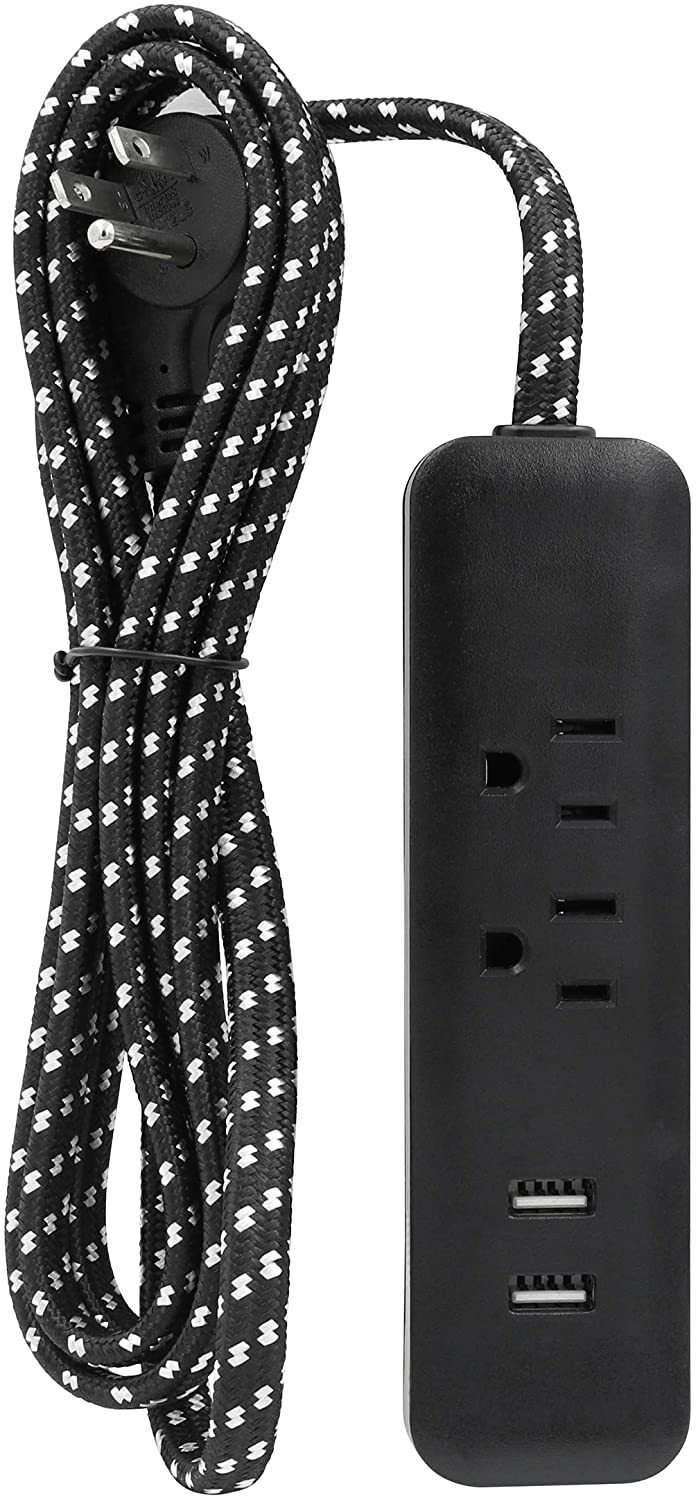 CP 6ft 16/3 SPT-2, 2-Outlet, 2 USB Charger Fabric Extension Cord, Black, CP10054