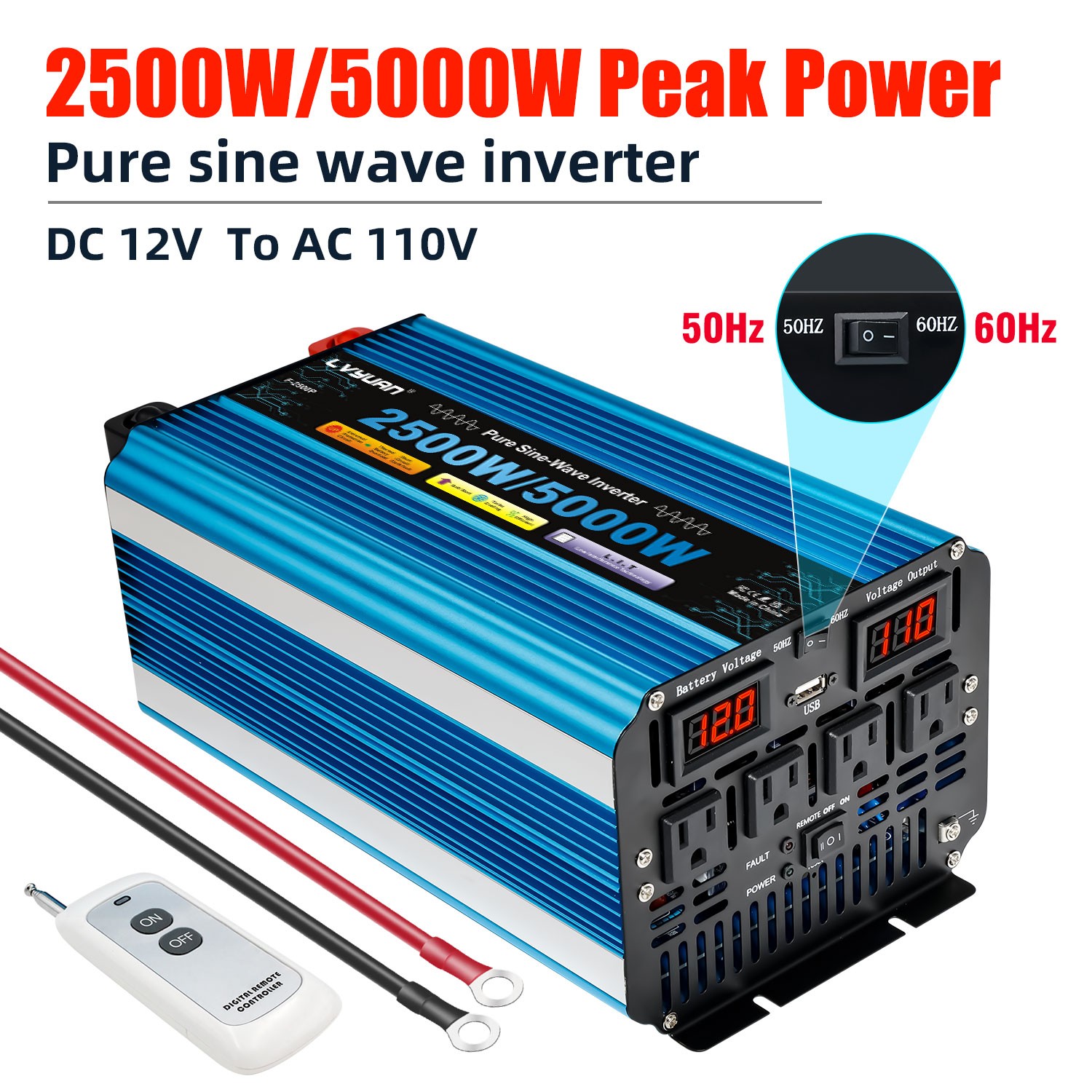 5000W/10000W 2500W/5000W Pure Sine Wave Power Inverter 12V 24V to 110V Converter