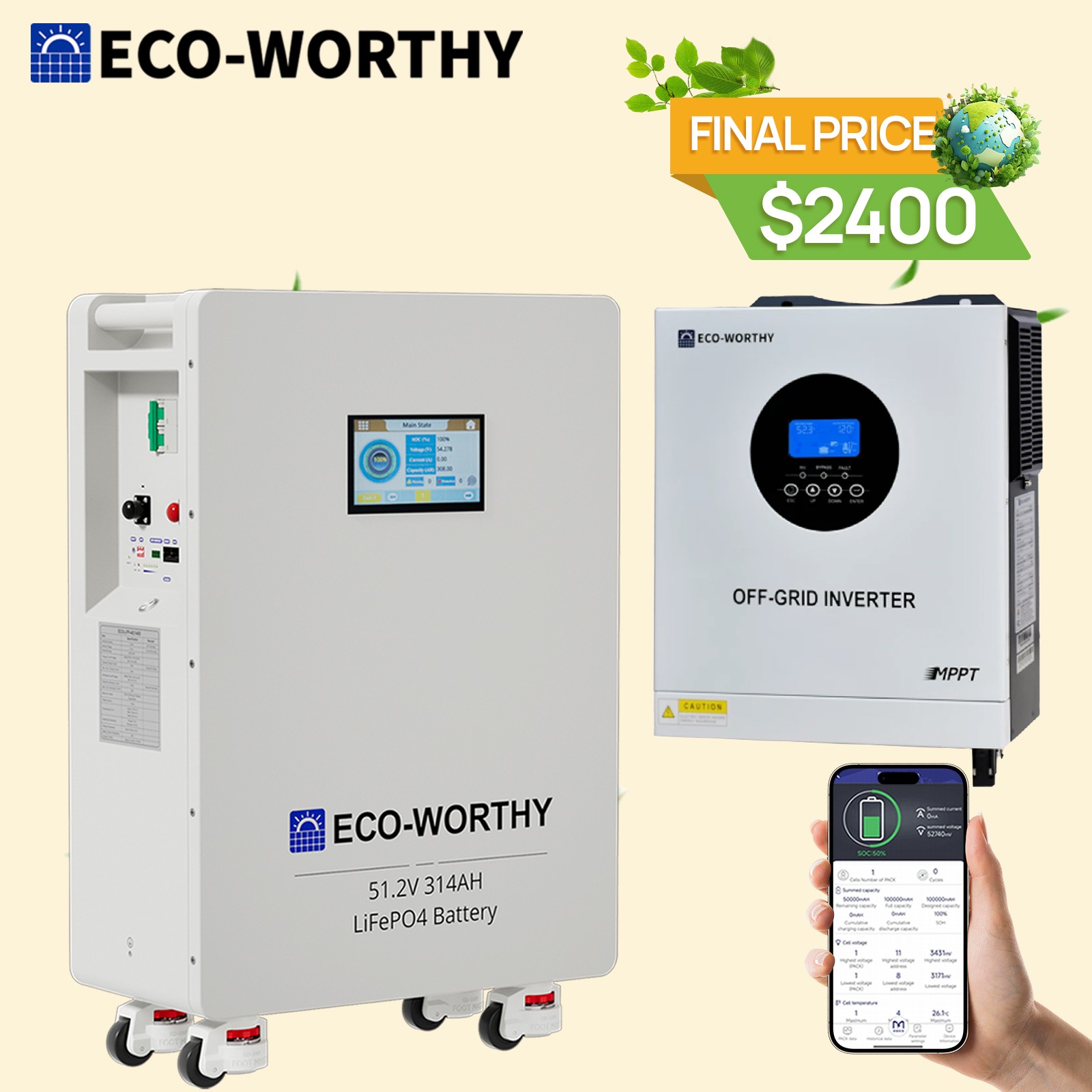 ECO-WORTHY 16kWh 48V 314AH LiFePO4 Battery+5kw/10kw/20kw Solar Hybrid Inverter