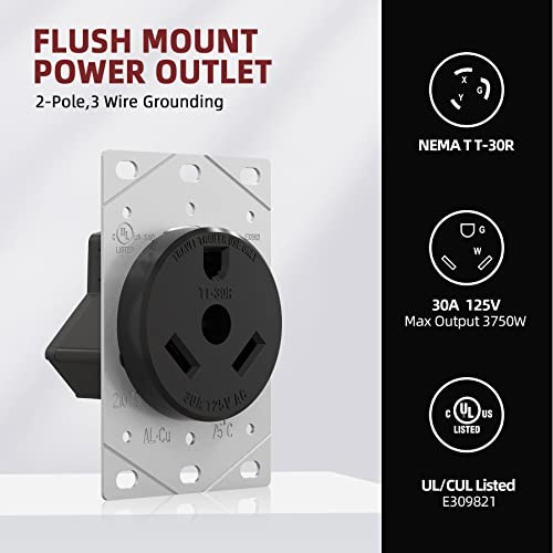 30 Amp 125 Volts 3 Prong Grounded Flush Mount Power RV NEMA TT-30R Black Outlet