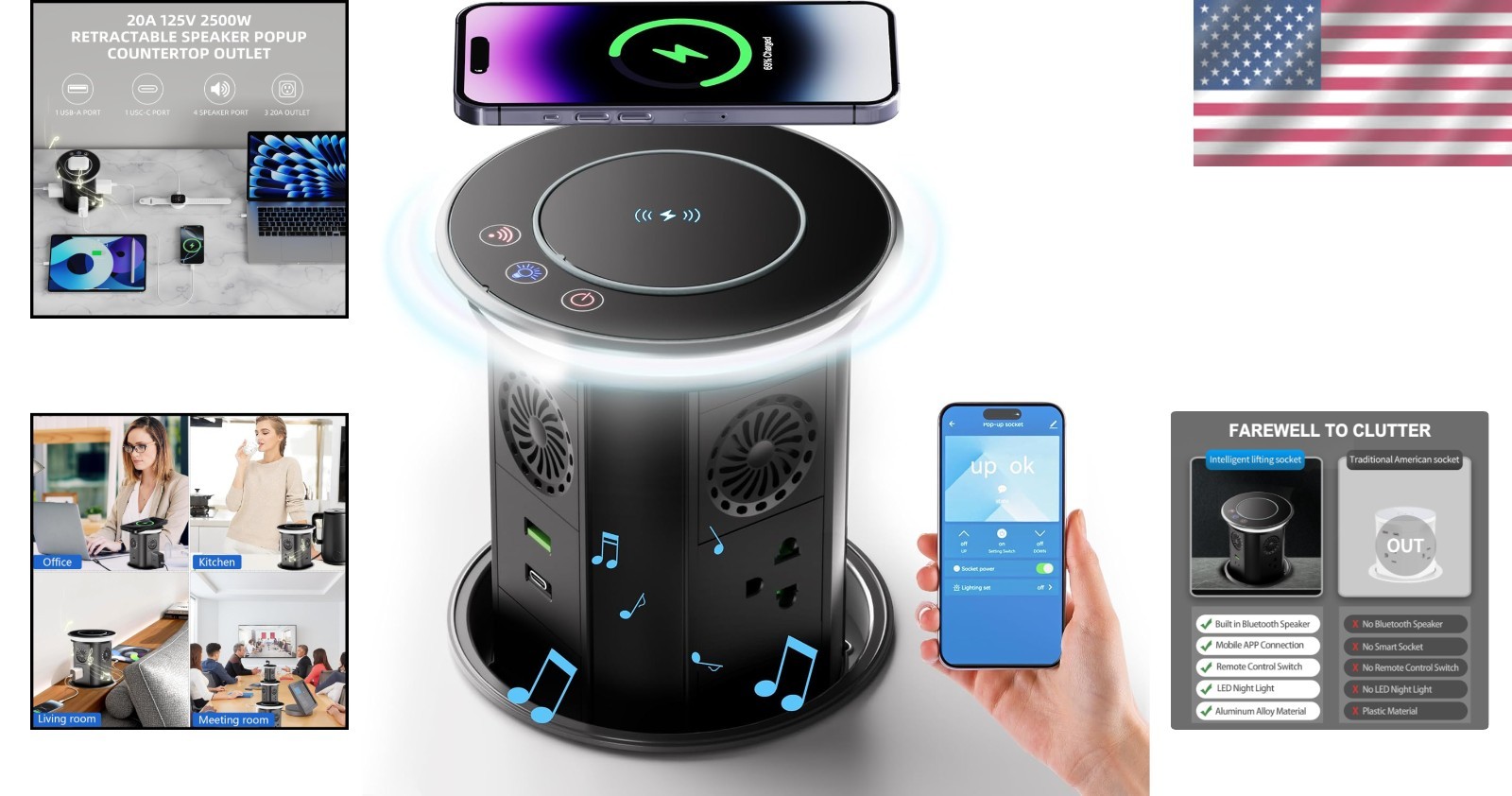 Smart Pop Up Outlet with 15W Wireless Charger & APP Control – 3 AC & 2 USB