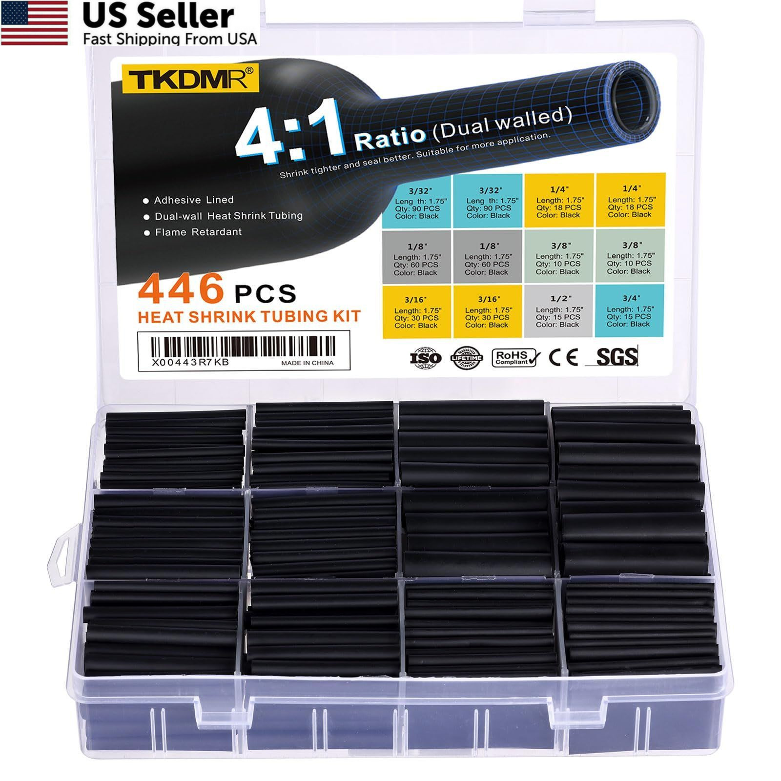 TKDMR 446 Pcs Heat Shrink Tubing Kit – 4:1 Ratio Adhesive Lined, 1.75″ Length