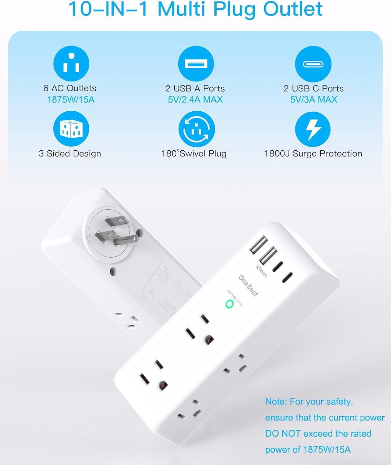 Surge Protector Outlet Extender – with Rotating Plug, 6 AC Multi Plug Outlet wit