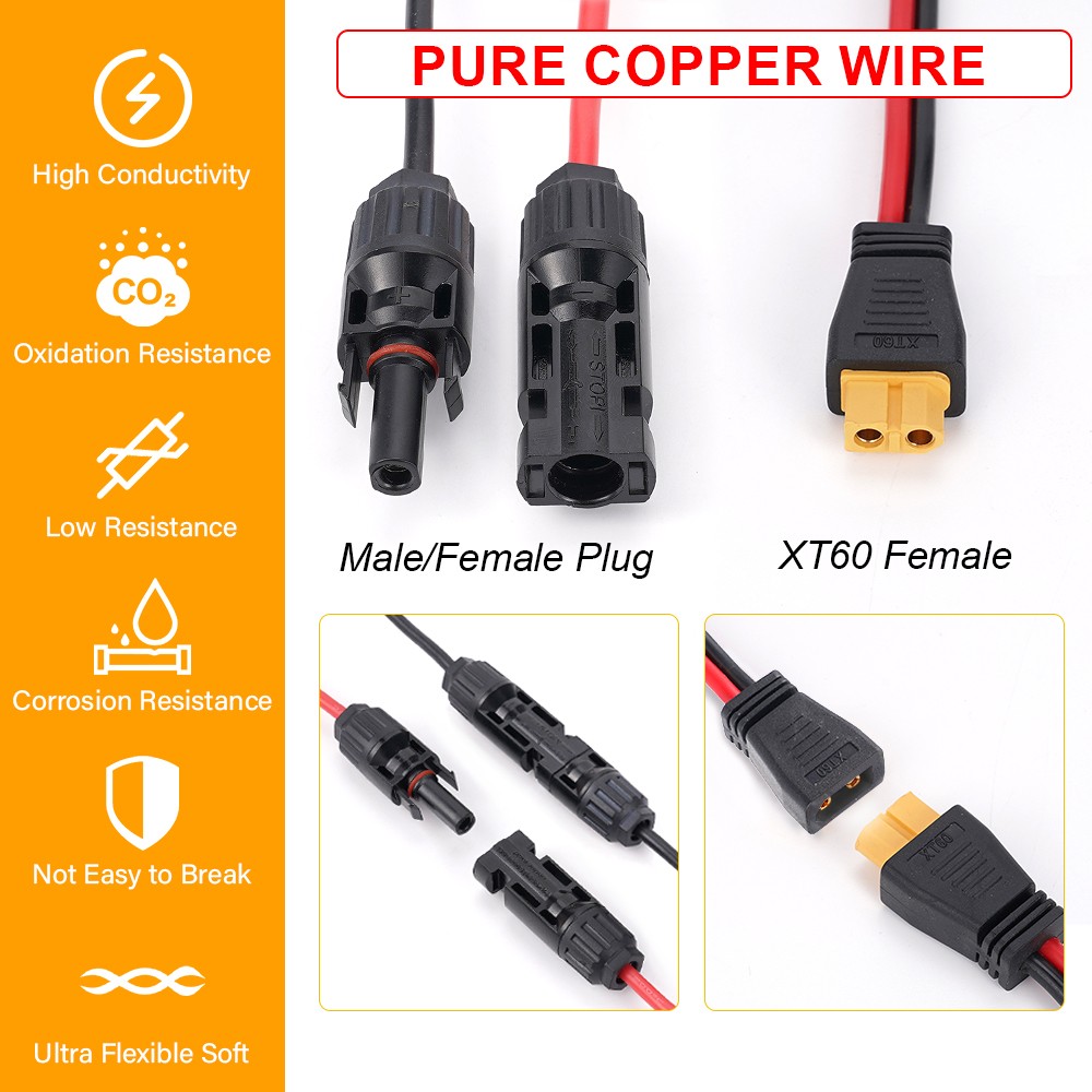 12 AWG XT60 Female to Solar Connector Extension Cable Wire for Solar Generator