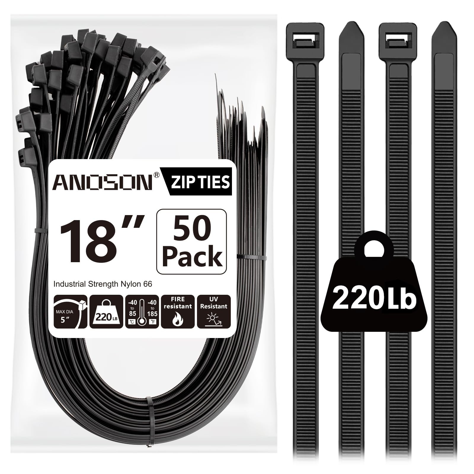 Large Zip Ties 18 inch, 50 Pack, Long 18″/50 pk (220 Lb), Black