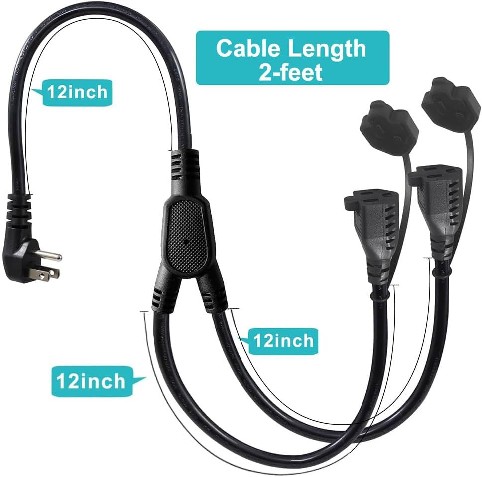 Outdoor Extension Cord Splitter, 90-Degree Flat Plug Black 2 Way Waterproof Powe