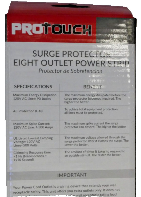 ProTouch 8 Outlet Surge Protector Power Strip 90 Joules 1.75ft Cord UL Listed