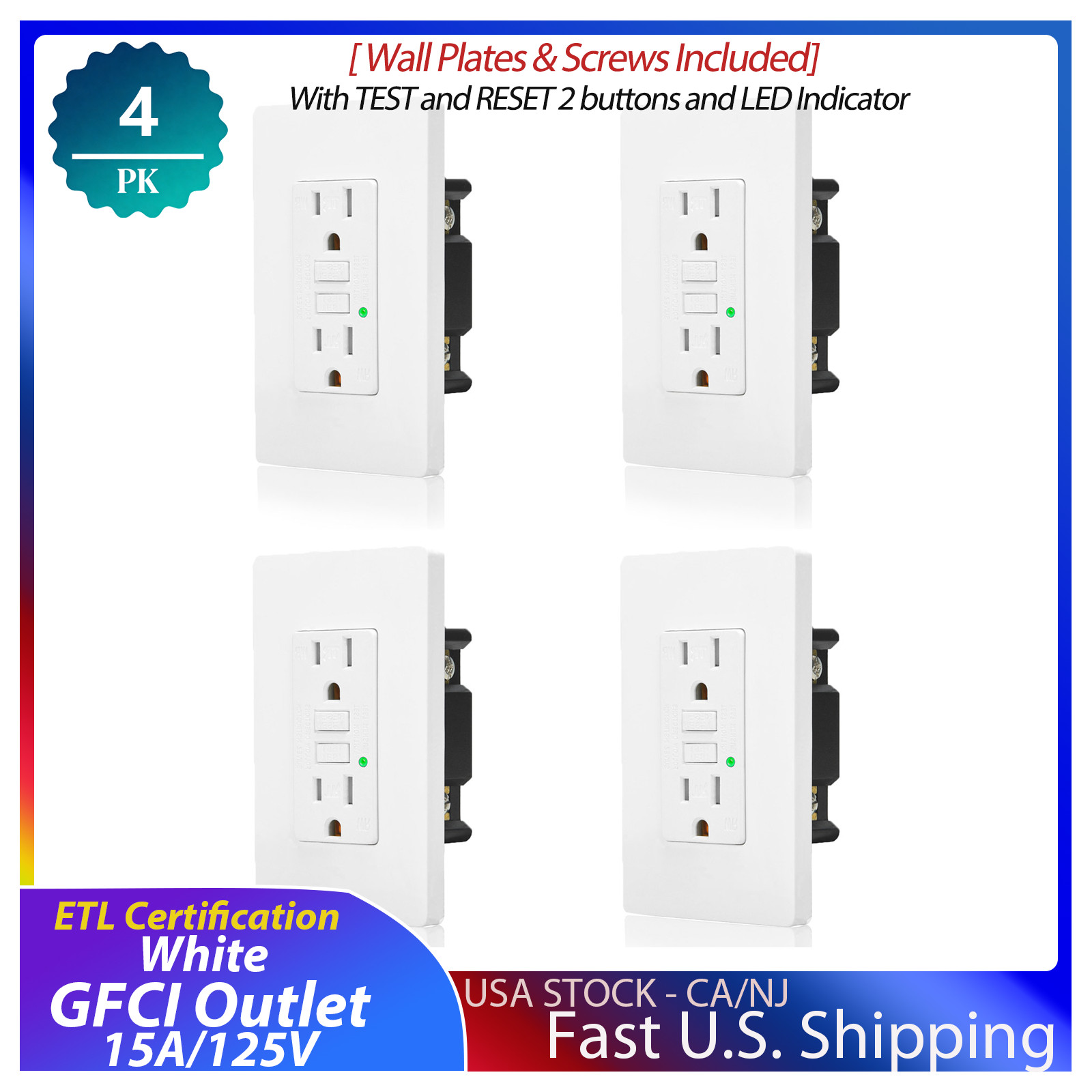4x 15A GREENCYCLE GFCI Outlet, Indoor & Outdoor Outlet for Household Bussiness