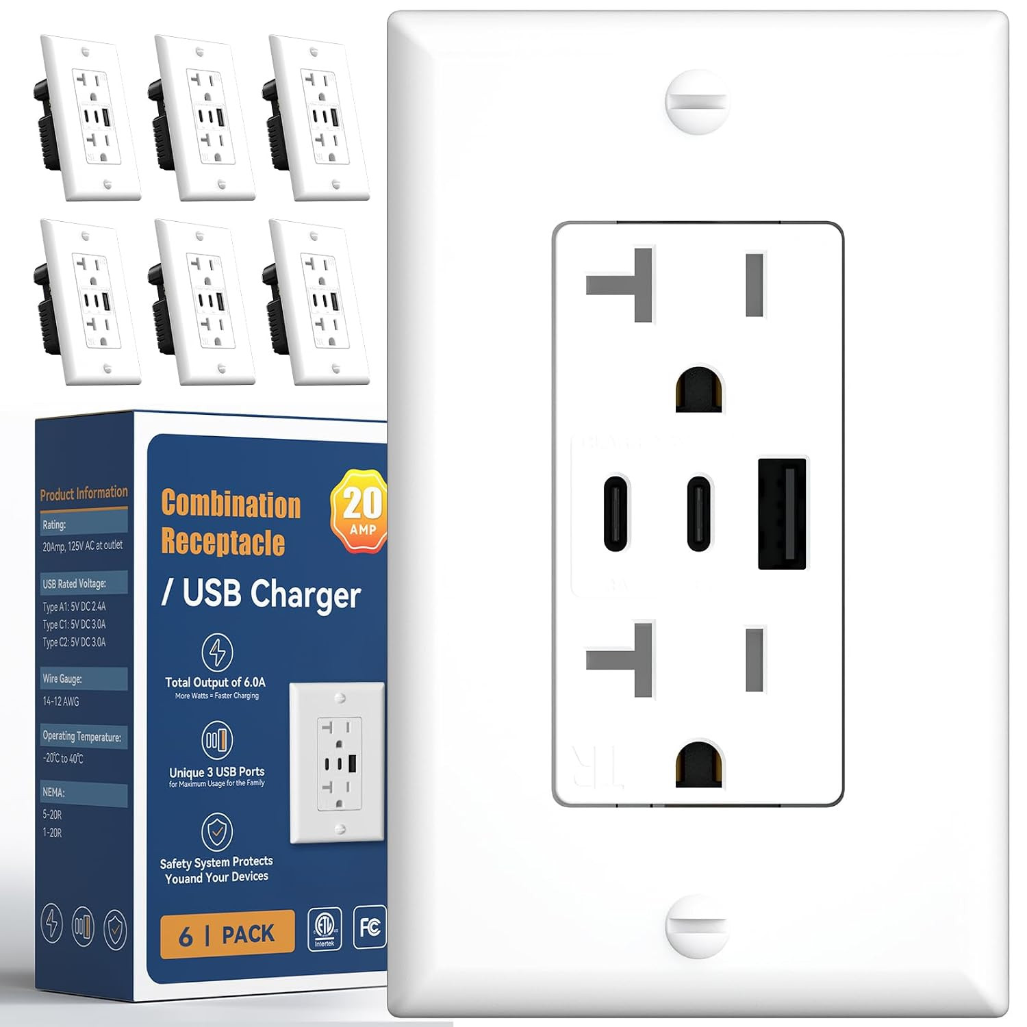 6.0A USB Outlet 6 Pack, 3-Port 30W Wall Outlets with 2 Type a & 1 Type C, 15 Amp