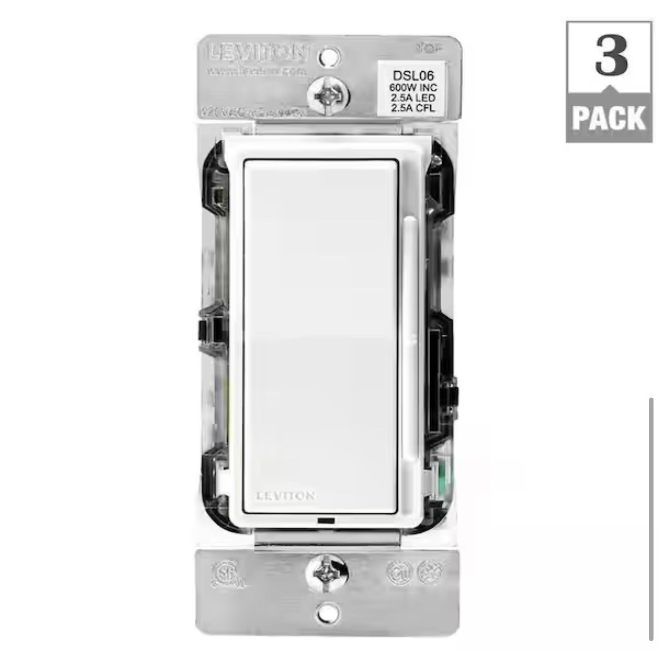 Leviton Decora 600-W 1-Pole/3-Way Universal Rocker Slide Dimmer White (3-Pack)